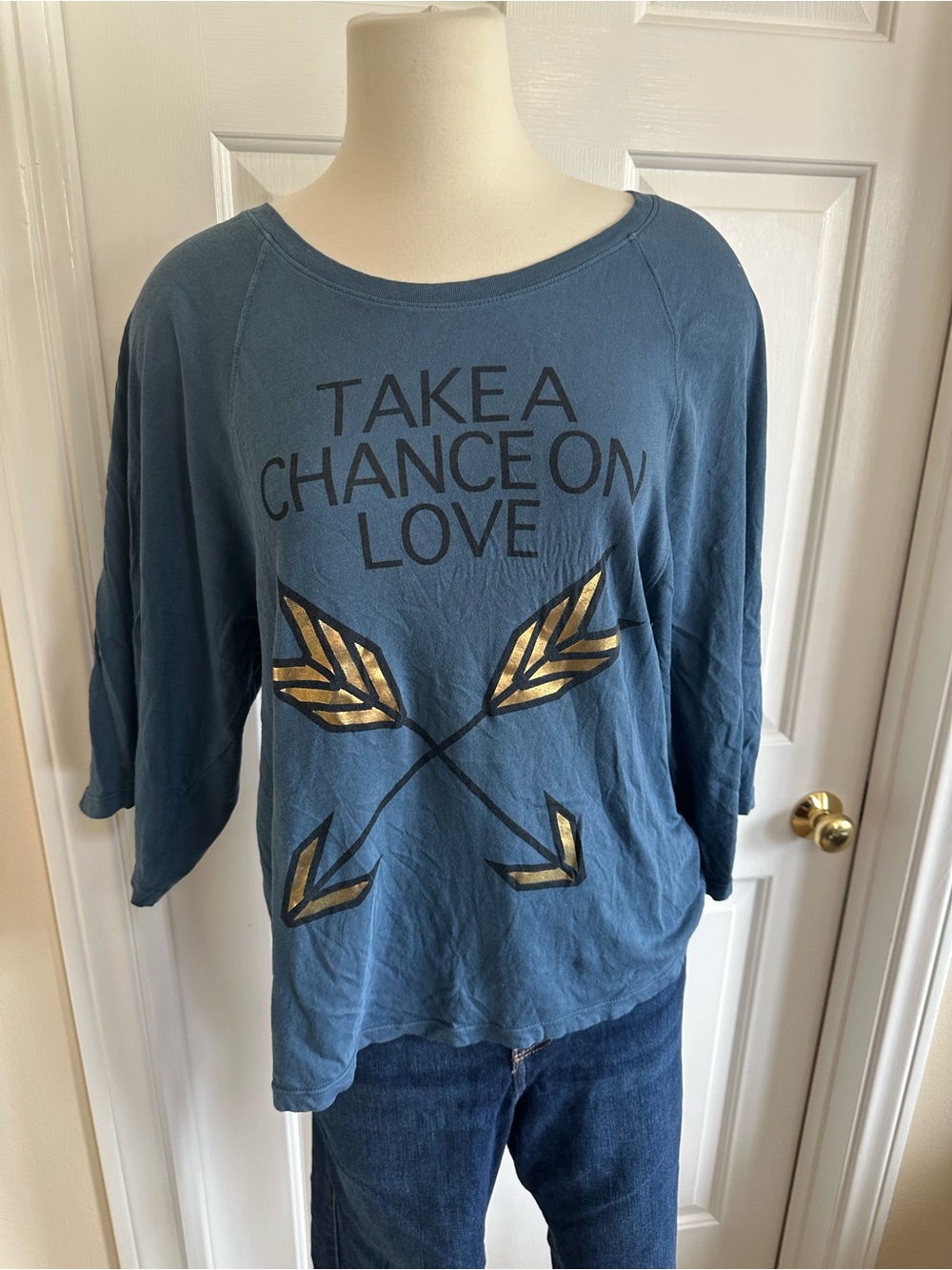 Wildfox Blue 'Take A Chance On Love' Graphic Sweatshirt with Gold Arrow Accents